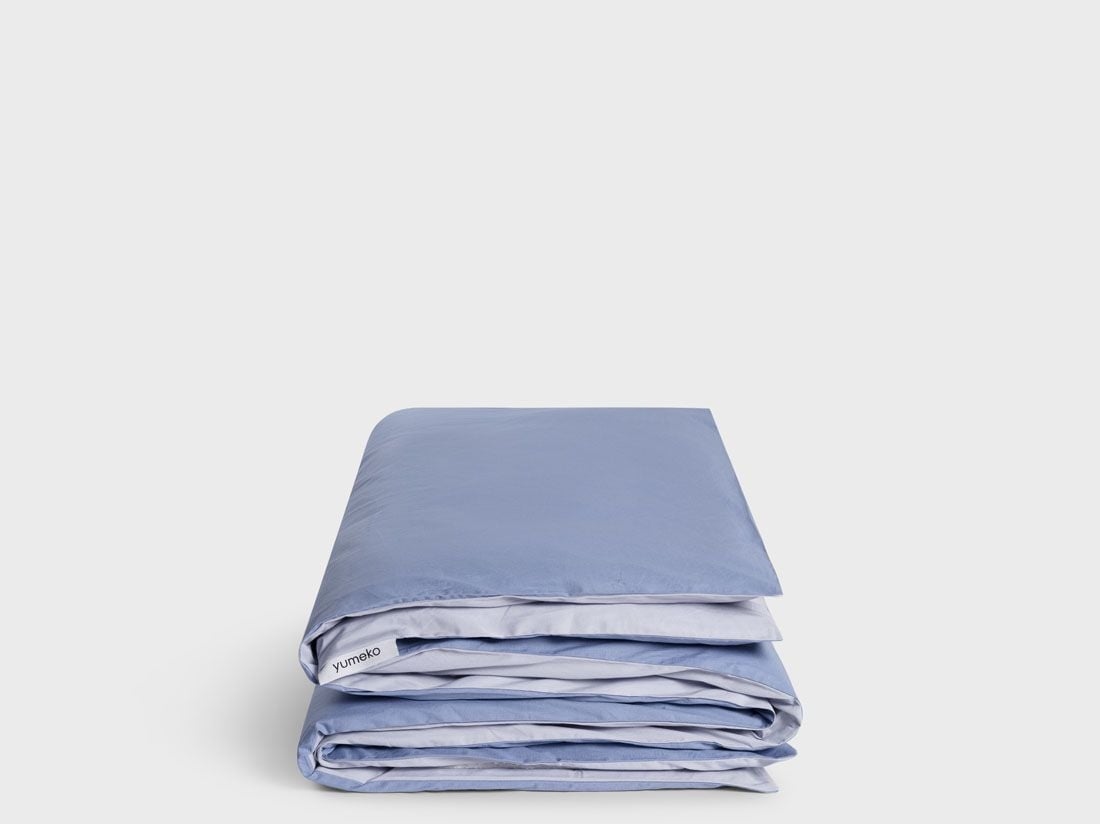 Housse de couette enfant percale de coton double face bleu lavande/serein 120x150