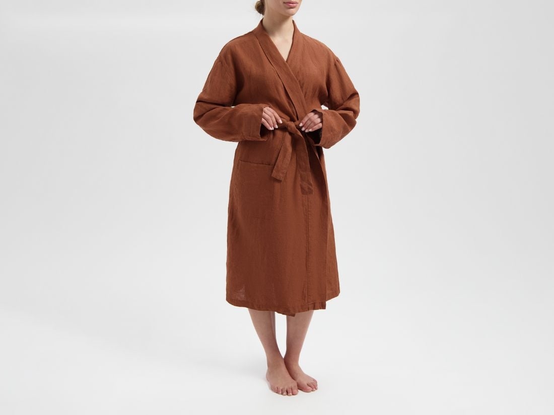 Robe de chambre kimono en lin lavé marron amande S