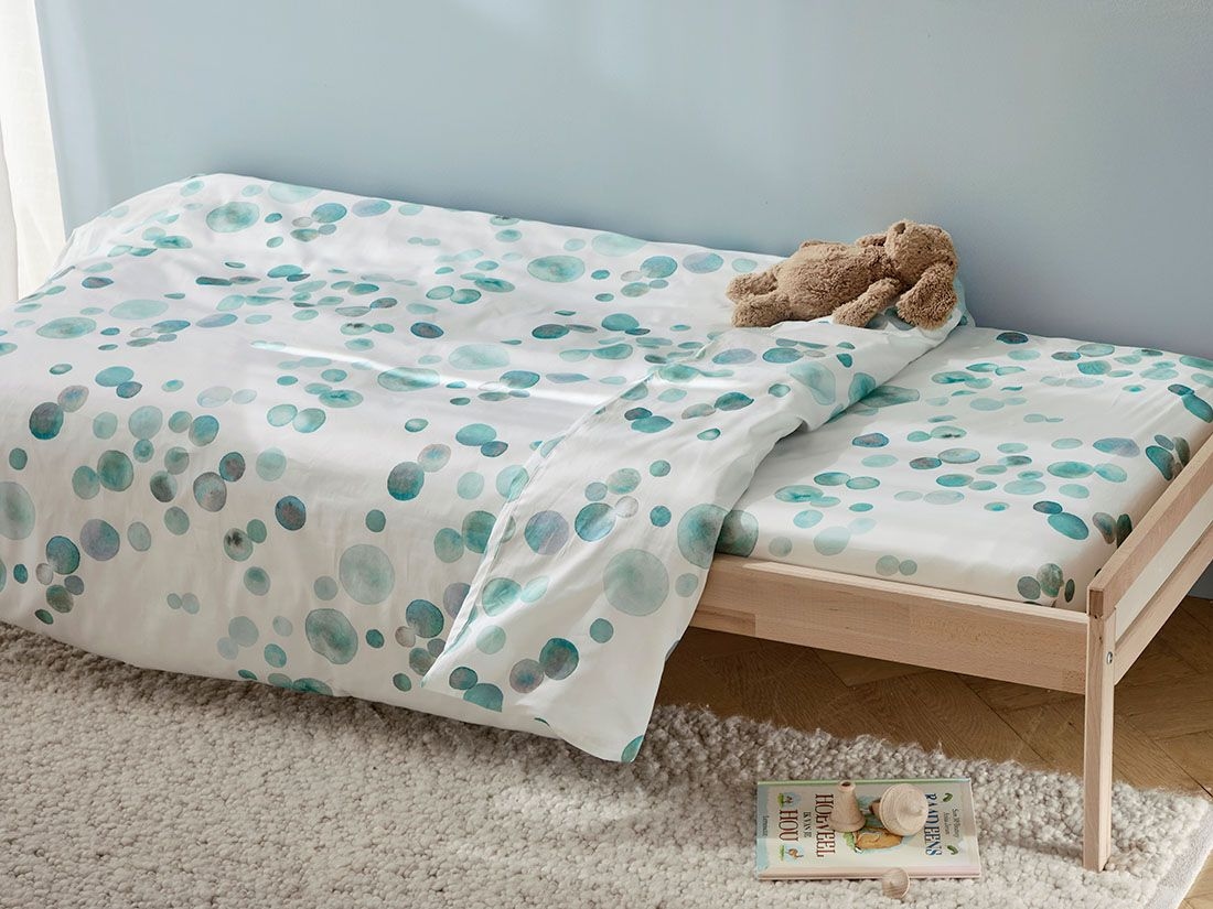 Housse de couette enfant satin de coton touches d’aquarelle vert océan