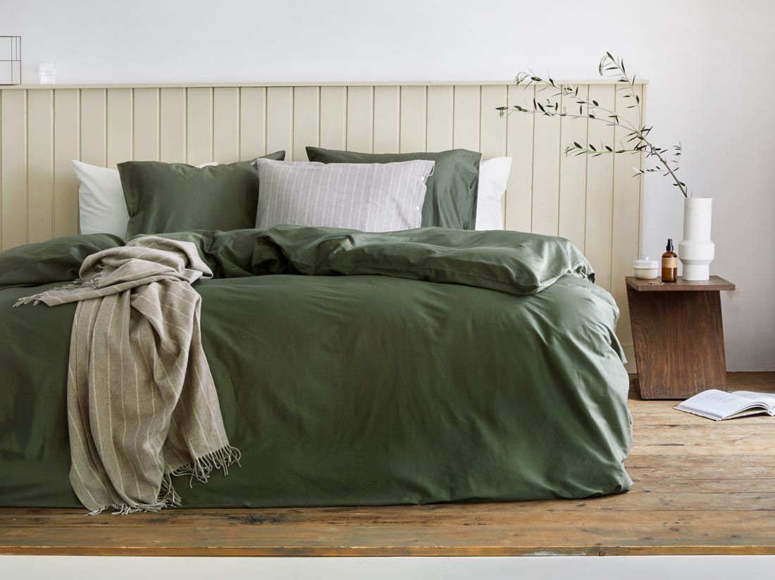 Parure de lit satin de coton vert olive foncé
