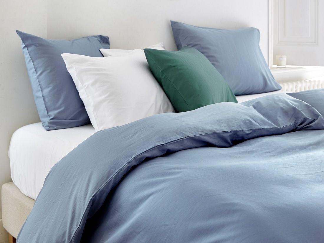 Housse de couette satin de coton bleu délavé