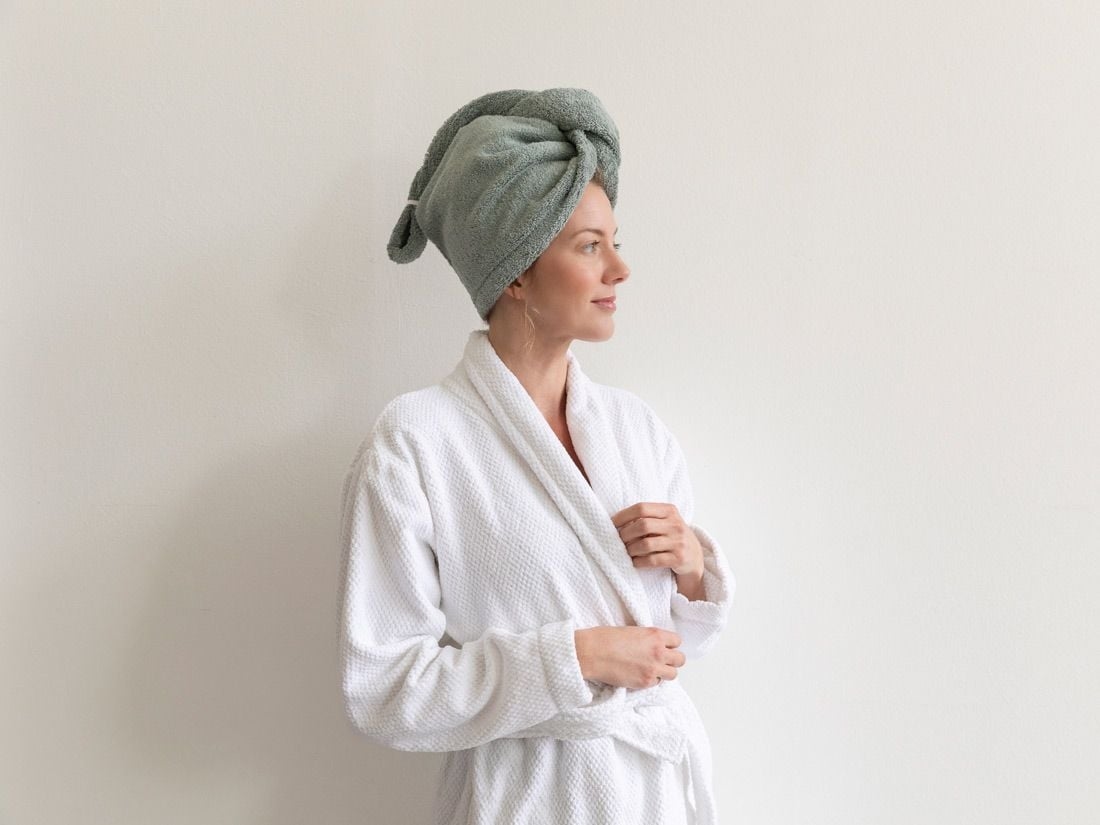 Serviette cheveux éponge vert d'eau 70x23