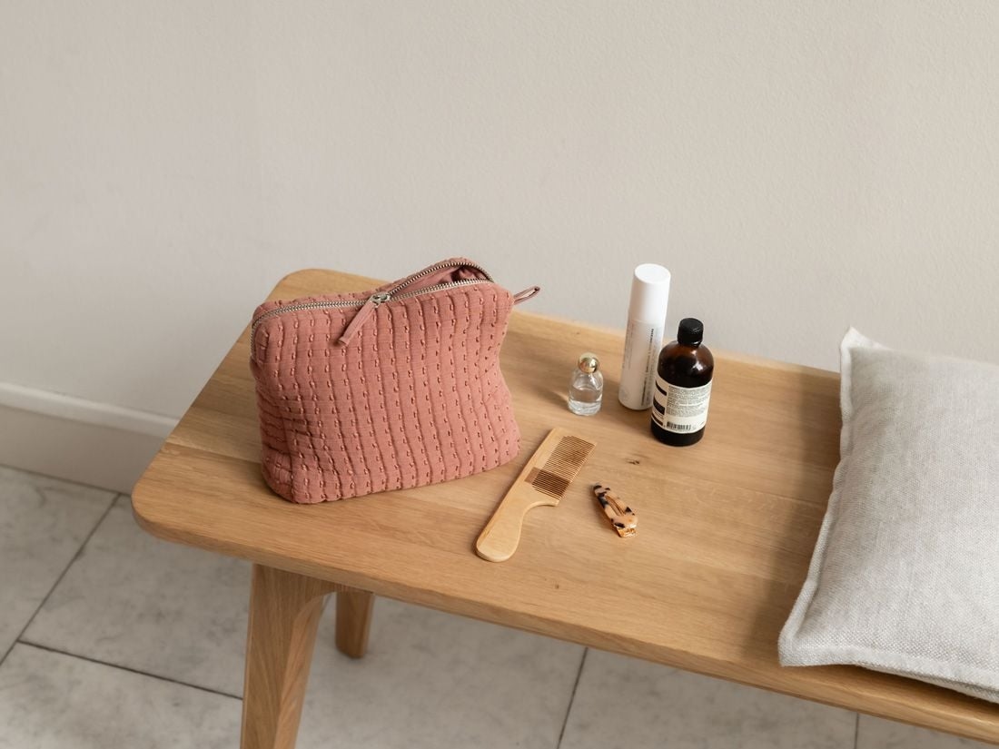 Trousse de toilette en mousseline de coton nuage de rose