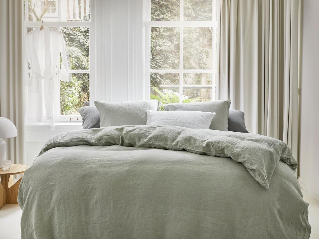 Housse de couette lin lavé vert brumeux