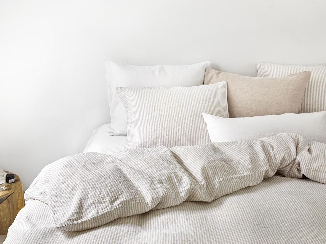 Parure de lit lin lavé à rayures naturelles