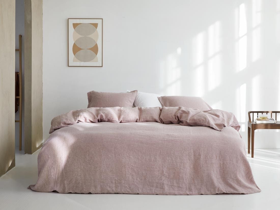 Parure de lit lin lavé rose chambray