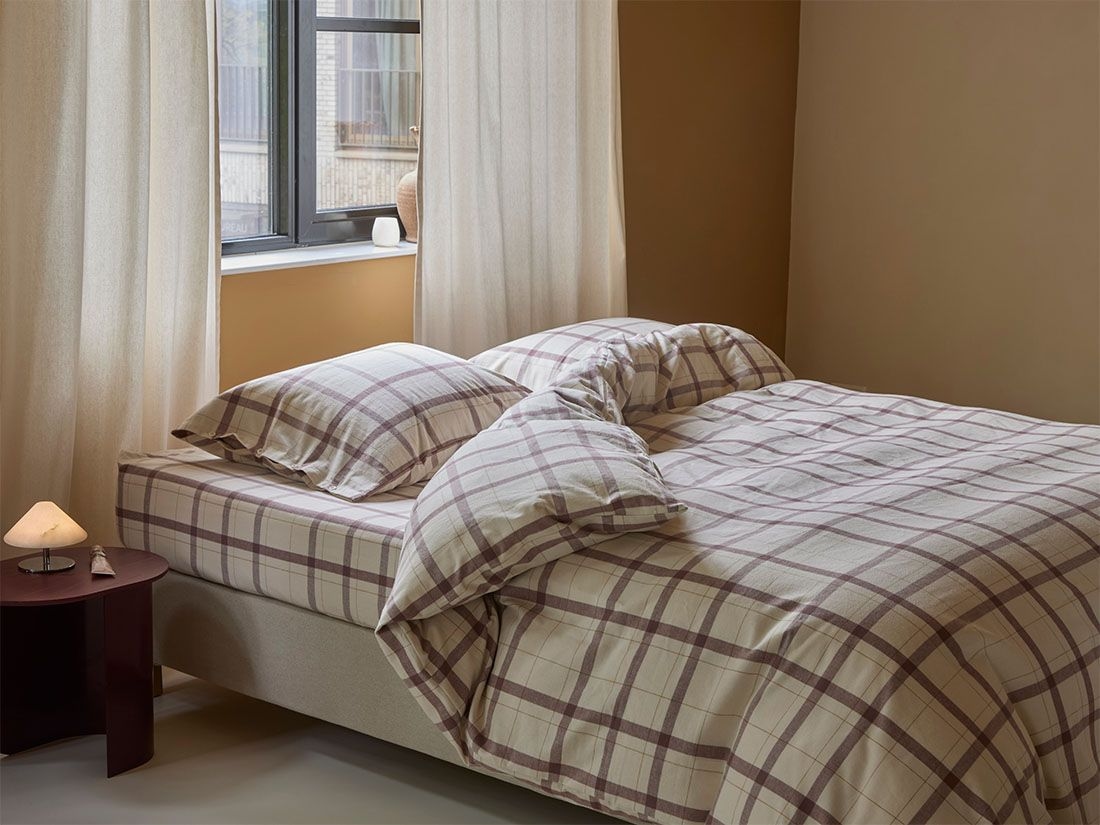 Parure de lit flanelle de coton damier mauve