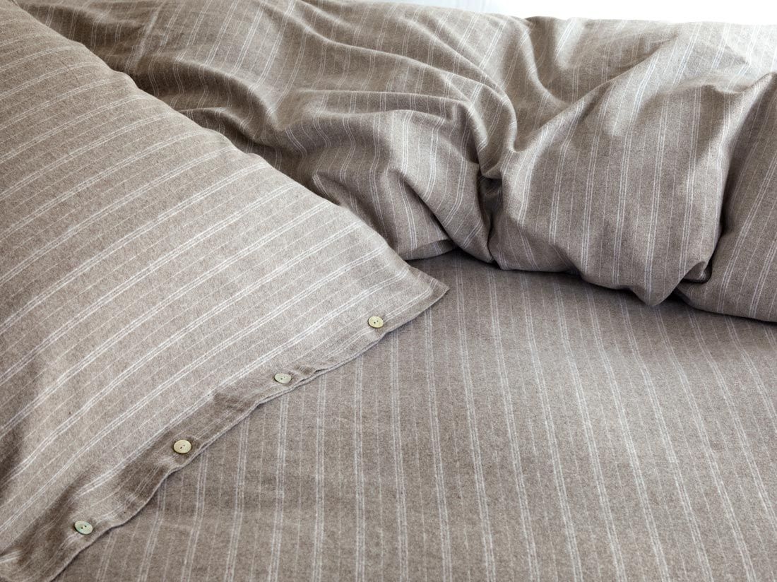 Taie d'oreiller flanelle de coton à rayures marron pierre