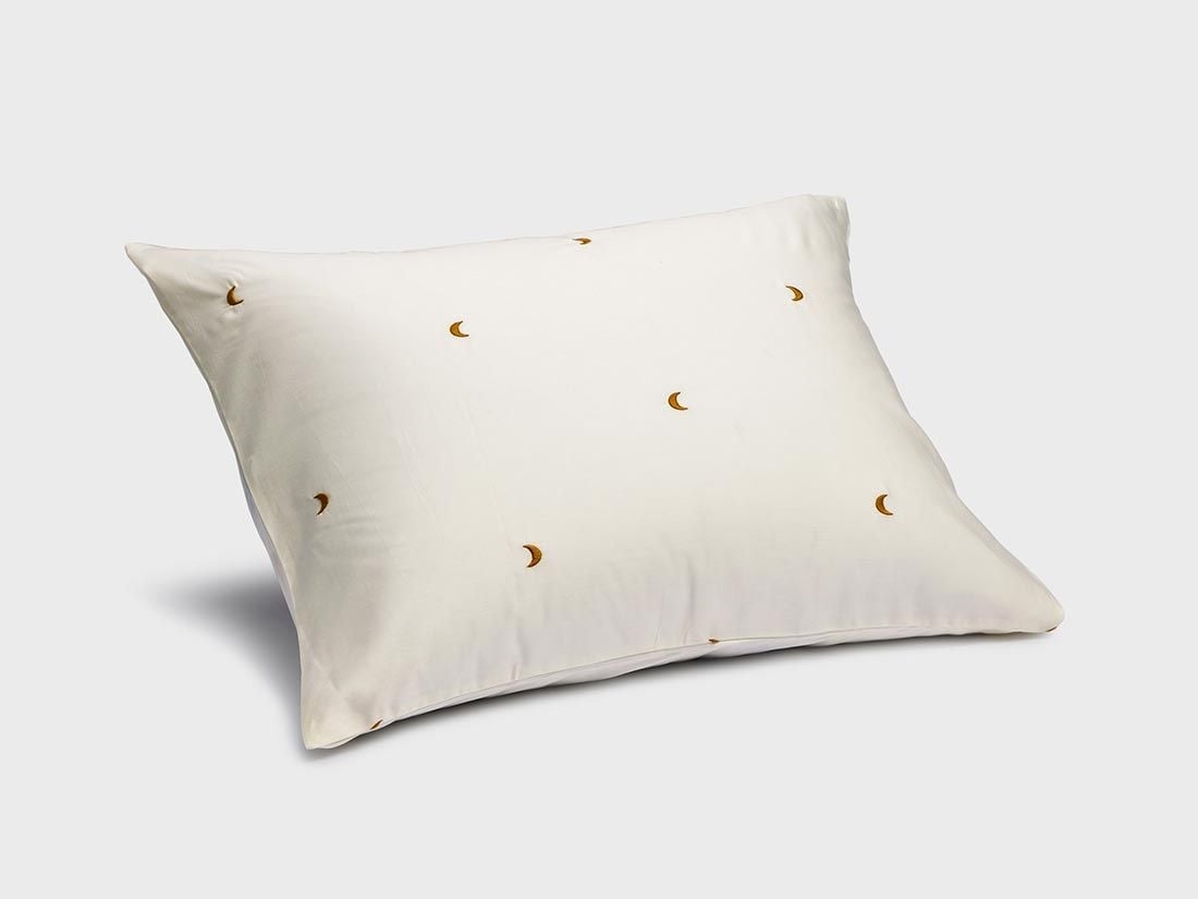 Taie d'oreiller satin de coton blanc chaud/lune ocre