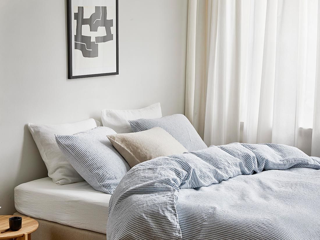 Housse de couette lin lavé à rayures bleues